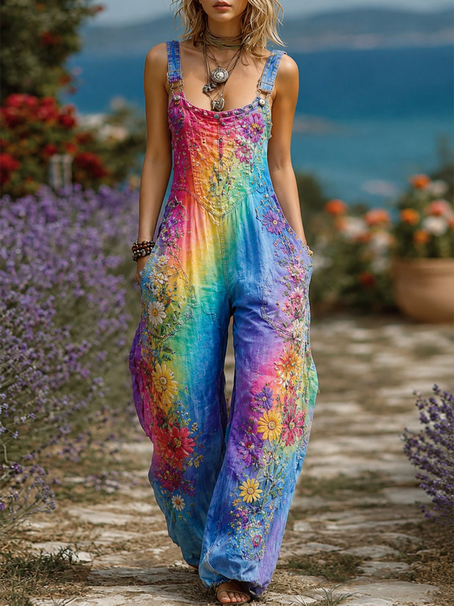 Women's Retro Style Art Print Washed Cotton Denim Patchwork Jumpsuit
